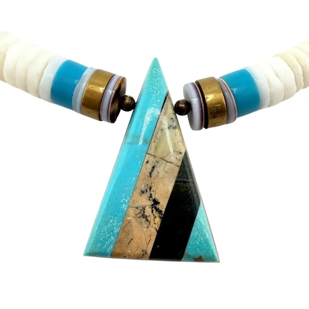 Vintage Turquoise Onyx Jasper Inlay Pendant Heshi Shell Brass Bead 17